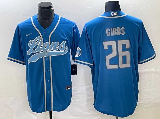 Men%27s Detroit Lions #26 Jahmyr Gibbs Blue Cool Base Stitched Baseball Jersey
